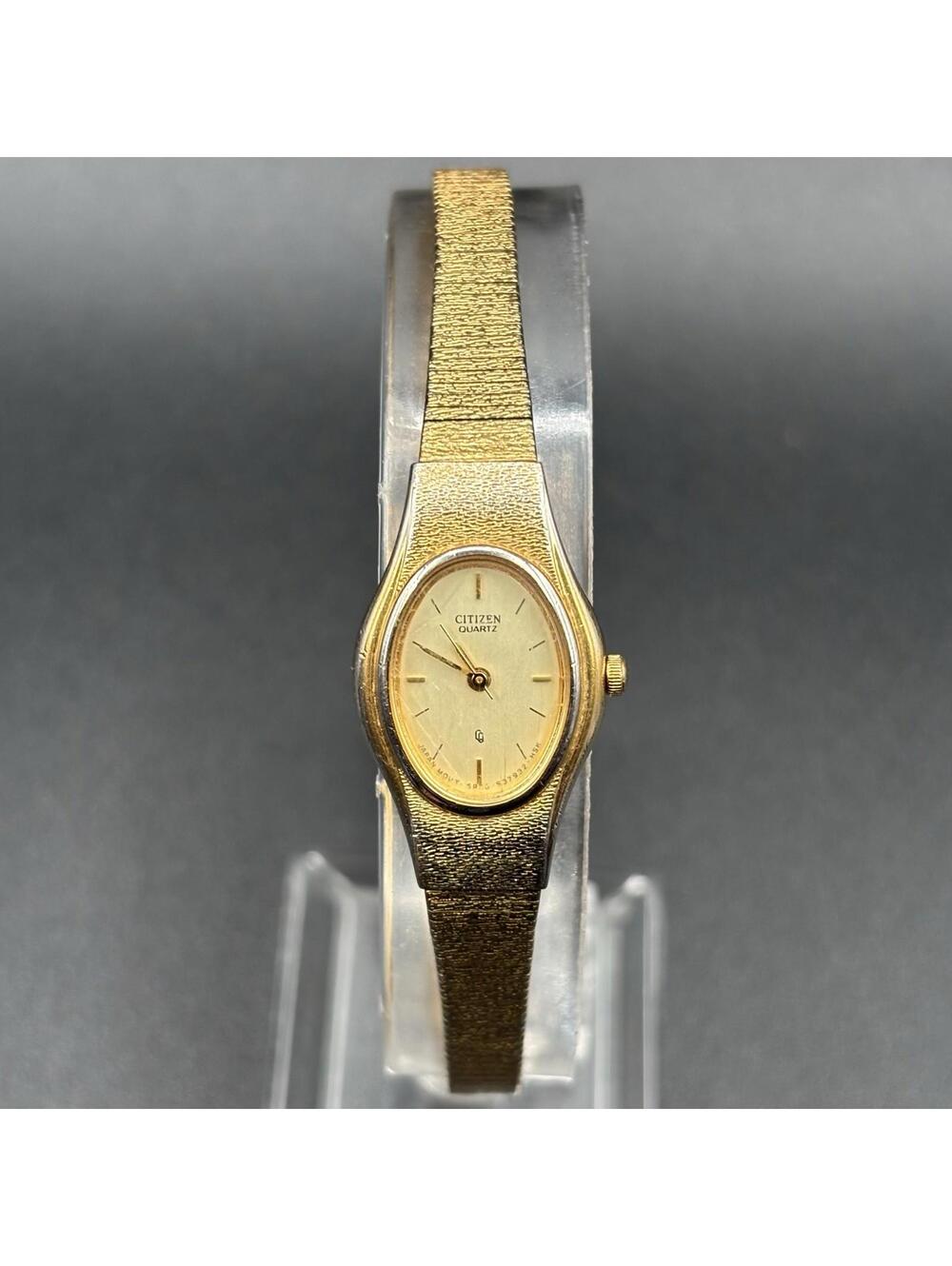 Vintage Citizen CQ Gold-Tone Champagne 17mm Watch w/ Safety Chain 5930-S25350